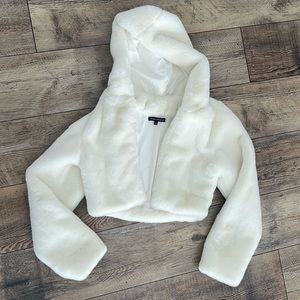 Naked Wardrobe hooded cropped fur coat. Size Large.